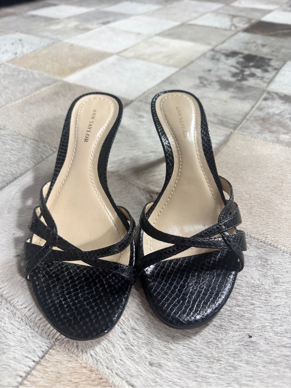 Ann Taylor Black Faux-Snakeskin Slip-On Mules